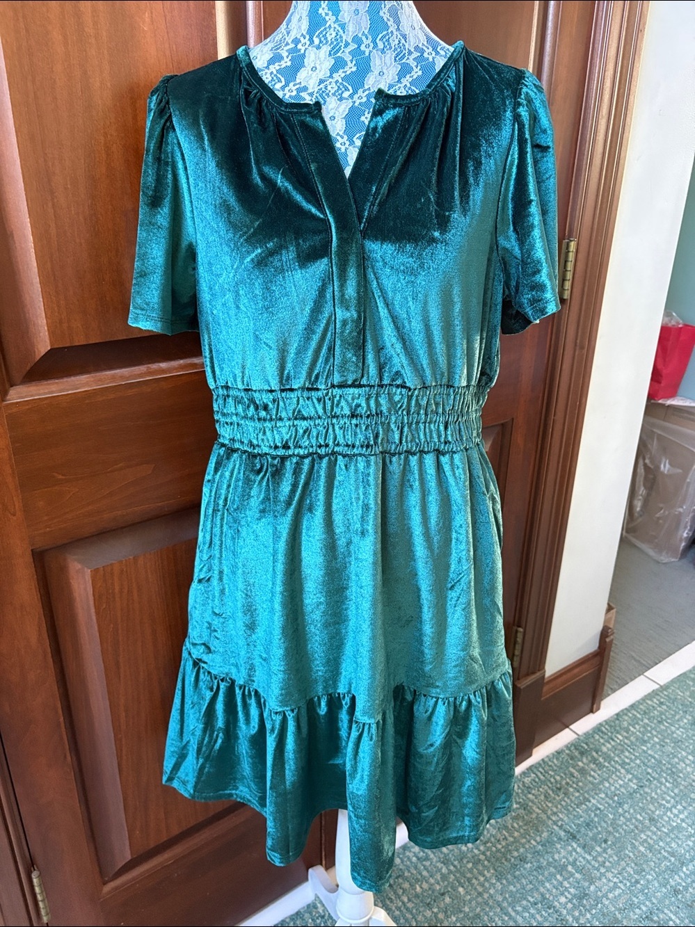 French Connection Velvet Dress forest green  v-neck short sleeves elastic waist
